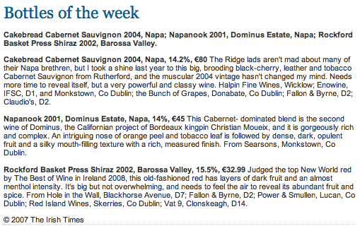 Screenshot from Ireland.com of “Wines of the Week”